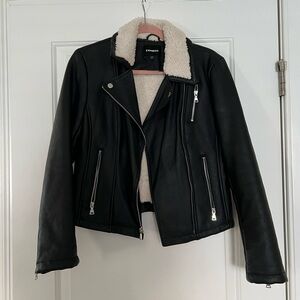 Express Black Sherpa Lined Leather Biker Jacket